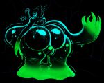 absurd_res big_breasts big_butt black_background black_body black_skin blue_body bob_cut bodily_fluids breasts bulge butt dialogue drooling ears_up freckles glistening glistening_body goo_creature goo_drip gradient_body green_body gynomorph hair hi_res huge_breasts huge_butt humanoid hyper hyper_breasts hyper_butt intersex looking_at_viewer looking_back open_mouth p0verteils question_mark saliva simple_background solo tail text thick_thighs wide_hips