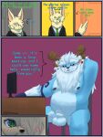 2026 3:4 4_fingers accessory animal_genitalia anthro antlers artist_name balls belly black_nose blue_body blue_claws blue_eyes blue_fur blue_sclera blush blush_lines body_hair border brown_nipples brown_nose canid canine chair claws close-up clothing comic demi_(demi_owo) demi_owo dialogue digital_drawing_(artwork) digital_media_(artwork) door door_handle dot_eyes ear_piercing electronics english_text eyebrows fennec_fox finger_claws fingers fox fully_sheathed fur fur_markings furniture genitals green_eyes grey_border happy_trail hi_res horn hybrid keyboard league_of_legends long_ears looking_at_viewer male male/male mammal mane markings monitor mustelid necktie nipples open_mouth otter overweight overweight_anthro overweight_male piercing pink_inner_ear riot_games shaded sheath simple_background simple_eyes sitting suit surprised table tencent text thick_eyebrows true_fox tusks whisker_spots white_body white_fur willump_(lol) yellow_body yellow_fur yeti