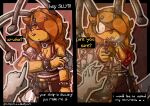 absurd_res ambiguous_gender antennae_(anatomy) anthro arthropod bee big_breasts blush bottomwear bra bra_strap bra_strap_showing_(meme) breasts carabiner cleavage cleaver_(knife) cleaver_(weapon) clothed clothing collared_shirt comic cutlery dialogue dress_shirt duo english_text female fingers first_person_view fur gesture glistening glistening_body glowing gun hair hand_gesture handgun hi_res holding_gun holding_object holding_ranged_weapon holding_weapon hymenopteran insect khalfy_kun kitchen_knife kitchen_utensils knife looking_at_viewer mammal melee_weapon meme open_mouth pants piercing pointing pointing_at_viewer pointing_gun pointing_gun_at_viewer pup_bee ranged_weapon rebekah_(khalfy_kun) shirt side_boob simple_background smile solo suspenders tail teeth text tools topwear underwear weapon wings yellow_body