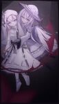  2girls absurdres bib_collar black_gloves black_shoes blonde_hair capelet closed_mouth commentary_request cross_ornament dress flower frilled_capelet frilled_dress frilled_sleeves frills gloves hat hat_flower highres hikami_meruru icetreset873 long_hair long_sleeves mahou_shoujo_no_majo_saiban multiple_girls neck_ribbon priestess purple_eyes ribbon shoes spoilers stab tsukishiro_yuki veil very_long_hair white_capelet white_dress white_eyes white_gloves white_hair white_hat white_shoes white_veil wide_sleeves yuri 