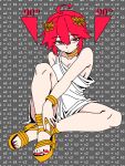  1girl ahoge bracelet breasts collarbone commentary english_commentary equation full_body game_slayer1000 hair_between_eyes hair_ornament highres jewelry kasane_teto knees looking_at_viewer math nail_polish red_eyes red_hair red_nails sandals sitting small_breasts solo toenail_polish toenails toga utau 