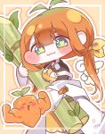  1girl antenna_hair black_shirt blue_eyes carrot chibi closed_mouth coat commentary_request dirt dirty dirty_clothes fewer_digits food_with_face gradient_hair green_hair highres holding kyarot_(trickcal) living_food low_ponytail multicolored_hair orange_hair oversized_plant ponytail shirt solo sugarcane trickcal two-tone_apron ustya_0 white_coat wings 