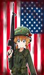  america american_flag ammunition_belt ammunition_pouch assault_rifle blonde_hair blue_eyes card cigarette_box explosive flag_background grenade gun helmet load_bearing_equipment looking_at_viewer low_twintails m16a1 military military_uniform original oshiru_(sealeu) playing_card pouch rifle short_hair smile soldier solo spade_(shape) trigger_discipline twintails uniform vietnam weapon 