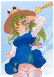  >_o 1girl adapted_costume alternate_costume animal_print ass_visible_through_thighs blue_background blue_dress blush breasts brown_hat commentary_request cosplay dated dress frog_hair_ornament frog_print green_eyes green_hair grin hair_ornament hair_tubes hat highres kei_jiei kochiya_sanae long_hair long_sleeves medium_breasts moriya_suwako moriya_suwako_(cosplay) one_eye_closed panties pantyshot pinafore_dress print_dress shirt single_hair_tube sleeveless sleeveless_dress smile snake_hair_ornament solo star_(symbol) thighhighs touhou underwear v v_over_eye white_panties white_shirt white_thighhighs 