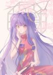  1girl absurdres animal_print befoufou174773 butterfly_print cherry_blossoms chinese_clothes commentary double_bun dress hair_bun hand_fan highres long_hair looking_at_viewer nail_polish pink_nails purple_hair ranma_1/2 red_dress red_eyes shampoo_(ranma_1/2) sidelocks sitting smile 