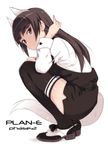  anabuki_tomoko animal_ears black_eyes black_legwear brown_hair earrings em full_body jewelry long_hair shoes solo squatting tail thighhighs white_background world_witches_series 