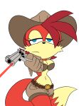 ammo_belt ammunition anthro archie_comics big_breasts blue_eyes bottomwear bra breasts canid canine clothing cowboy cowboy_hat cowgirl_outfit female fiona_fox fox fur glare gun handgun hat headgear headwear hi_res holding_gun holding_object holding_ranged_weapon holding_weapon laser_sight mammal mobian_monster pistol ranged_weapon red_body red_fur revolver sega sheriff_badge shorts solo sonic_the_hedgehog_(archie) sonic_the_hedgehog_(comics) sonic_the_hedgehog_(series) tassels underwear unimpressed weapon wide_hips