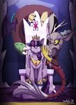  2014 antlers crown discord_(mlp) draconequus duo equine fangs female friendship_is_magic gold hair horn inside inuhoshi-to-darkpen male mammal my_little_pony necklace purple_eyes purple_hair red_eyes sharp_teeth sitting teeth throne twilight_sparkle_(mlp) whispering winged_unicorn wings 