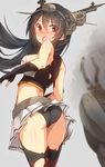  absurdres ass black_hair black_panties blush damaged elbow_gloves fingerless_gloves full-face_blush gloves hairband highres kantai_collection long_hair looking_back machinery metindone nagato_(kantai_collection) open_mouth panties red_eyes solo thighhighs torn_clothes turret underwear 