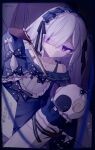  1girl absurdres bare_shoulders black_ribbon blue_dress blue_hairband bow closed_mouth colored_extremities commentary_request crescent crescent_necklace dress dress_bow frilled_dress frilled_hairband frilled_sleeves frills gothic_lolita hair_over_one_eye hair_ribbon hairband highres holding holding_sword holding_weapon icetreset873 jewelry lolita_fashion lolita_hairband long_hair long_sleeves looking_at_viewer mahou_shoujo_no_majo_saiban natsume_an-an necklace off-shoulder_dress off_shoulder polka_dot polka_dot_bow puppet_strings purple_eyes ribbon short_sword sketchbook sleeve_bow sleeves_past_wrists solo spoilers stuffed_animal stuffed_sheep stuffed_toy sword torn_clothes torn_sleeves translation_request weapon white_hair wide_sleeves witch_(manosaba) 