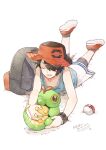  1boy ark_kan backpack bag black_hair blue_tank_top caterpie commentary_request elio_(pokemon) hair_over_one_eye hat leggings lying male_focus on_back on_stomach open_mouth poke_ball poke_ball_(basic) pokemon pokemon_(creature) pokemon_ultra_sun_and_ultra_moon shoes shorts simple_background tank_top twitter_username white_background white_shorts 