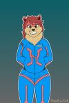 anthro bear belt big_breasts blue_clothing breasts brown_bear brown_eyes clothing fur garcella_(scoutthecat02) grizzly_bear gynomorph hair hi_res intersex jumpsuit mammal mane name_tag pink_body pink_clothing pink_fur red_hair scoutthecat02 shy_smile slightly_chubby solo tan_body tan_fur ursine wavy_hair wide_hips