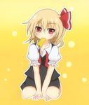  :3 blonde_hair hair_ribbon kou-andagi mouth_hold paper puffy_short_sleeves puffy_sleeves red_eyes ribbon rumia seiza short_hair short_sleeves simple_background sitting skirt touhou vest yellow_background 