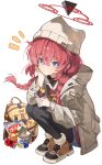  1girl absurdres animal_ear_headwear backpack bag beanie black_pantyhose blue_archive blue_eyes blush boots braid brown_hat brown_jacket can chinese_commentary chips_(food) commentary_request food fur-trimmed_boots fur_trim hair_between_eyes halo hand_on_own_face hat head_rest highres holding holding_food hongshao_tu_tou_bei_bei_xiang instant_noodles jacket long_hair long_sleeves looking_at_viewer maki_(blue_archive) maki_(camp)_(blue_archive) notice_lines official_alternate_costume official_alternate_hairstyle open_clothes open_jacket pantyhose potato_chips red_hair red_halo red_sweater red_sweater_vest roasted_sweet_potato simple_background solo squatting sweater sweater_vest sweet_potato twin_braids white_background 