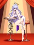  1girl absurdres adjusting_anklet against_table alternate_costume anklet arm_on_table arm_support bar_stool bare_shoulders barefoot blurry blurry_background bow bow_panties bracelet breasts chair champagne_coupe china_dress chinese_clothes chinese_commentary cleavage closed_mouth commentary_request credit_card cup double-parted_bangs dress drink drinking_glass earrings foot_up_heel_up from_side full_body green_eyes hair_between_eyes halo head_wings highres holding holding_cup holding_underwear holding_unworn_clothes honkai:_star_rail honkai_(series) jewel_under_eye jewelry lace lace_panties large_breasts large_variant_set leg_up long_hair looking_at_viewer looking_to_the_side nail_polish panties panties_around_one_ankle panties_around_one_leg parted_hair pearl_anklet pearl_bracelet pearl_earrings pearl_thong pelvic_curtain picot_trim_panties purple_hair purple_nails robin_(honkai:_star_rail) see-through_cleavage see-through_clothes see-through_dress see-through_panties shadow side_slit single_earring sleeveless sleeveless_dress smile solo stage standing standing_on_one_leg stool string_panties thong thong_panties toenail_polish toenails turning_head twisted_torso underwear variant_set white_bow white_dress white_panties wings yunkaiming 