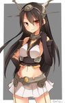  absurdres black_hair elbow_gloves fingerless_gloves gloves hairband highres kantai_collection long_hair looking_at_viewer metindone midriff nagato_(kantai_collection) navel open_mouth red_eyes solo 