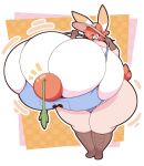 2025 anthro big_breasts boots border bow_ribbon breast_jiggle breasts bulging_breasts carrot clare_(themushlord) clothing clothing_pull countershade_torso countershading dewbber eyelashes female food footwear fur gloves hair hair_over_eye handwear hat headgear headwear heart_pupils heart_symbol hi_res huge_breasts huge_hips hyper hyper_breasts ill-fitting_clothing jiggling lagomorph leporid mammal object_between_breasts one_eye_closed orange_hair outline overalls pattern_background pink_body pink_fur plant rabbit scut_tail shoes short_tail simple_background solo sun_hat tail vegetable white_border white_outline wide_hips