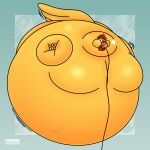 1:1 2025 air_ballooning air_inflation anthro avian avian_caruncle balloonedbird beak bird chicken comb_(anatomy) copyright_symbol ernie_the_giant_chicken family_guy feathers galliform head_crest hi_res inflation male orange_beak phasianid simple_background solo symbol tail tail_feathers teal_background yellow_body