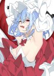  1girl absurdres alternate_costume armpits blue_hair bow bowtie breasts cleavage commentary_request detached_collar detached_sleeves dress hair_between_eyes hat highres looking_at_viewer medium_breasts medium_hair mob_cap open_mouth red_bow red_bowtie red_dress red_eyes remilia_scarlet simple_background smile solo strapless strapless_dress tongue tongue_out touhou unanooo_(fthx7532) upper_body white_background white_dress white_hat 