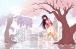  1girl :d absurdres barefoot black_hair blush breasts choker clock clock_tower closed_eyes collarbone commentary_request european_architecture facing_viewer full_body g_hana hat high-waist_skirt highres holding_own_skirt jacket korean_commentary long_hair long_sleeves medium_breasts medium_skirt open_clothes open_jacket open_mouth original outdoors parted_bangs petals pink_jacket pink_petals pink_shirt red_hat shirt skirt sleeves_rolled_up smile solo standing standing_on_one_leg tower tree white_skirt 