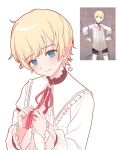  1boy 25-ji_len blonde_hair blue_eyes blush collared_shirt colorful_festival_(project_sekai) commentary frilled_shirt frilled_shirt_collar frills g_hana hair_between_eyes highres kagamine_len long_sleeves male_focus neck_ribbon official_alternate_hairstyle project_sekai red_ribbon ribbon sailor_collar screenshot_inset shirt sidelocks signature simple_background solo untranslatable_commentary upper_body vocaloid white_background white_sailor_collar 