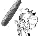  1girl @_@ ahoge baguette bait_and_switch bread commentary detached_horns drill_hair english_commentary fang food from_side greyscale heart kasane_teto kasane_teto_(sv) monochrome oligogi_meoggosipda phallic_symbol shokei_hakushu_(synthesizer_v) simple_background solo spoken_heart sweatdrop synthesizer_v utau white_background 