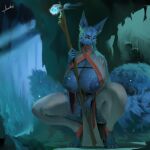 absurd_res anthro asian_clothing big_breasts blue_body blue_fur blulesnsfw breasts canid canine cave clothing crouching east_asian_clothing fishnet_clothing fox fur hanging_breasts hi_res japanese_clothing kimono leggings legwear long_tail looking_at_viewer mammal nipples staff tail