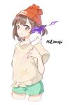  1girl ark_kan beanie black_hair character_name commentary cropped_legs fire floral_print front-tie_top green_shorts grin hat litwick on_shoulder pokemon pokemon_(creature) pokemon_on_shoulder pokemon_sun_and_moon purple_fire red_hat selene_(pokemon) shirt short_hair short_sleeves shorts simple_background smile white_background yellow_shirt 