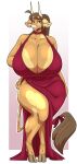 absurd_res anthro big_breasts bovid breasts brown_body brown_eyes brown_fur choker cleavage clothed clothing curvy_figure dress female fur hi_res huge_breasts jewelry mammal molly_(slightlysimian) necklace red_clothing red_dress side_slit side_slit_dress slightlysimian slit_dress solo thick_thighs voluptuous wide_hips