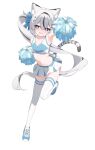  1girl absurdres animal_ears arched_back averting_eyes black_streaks blue_eyes blue_shoes blue_skirt blue_tank_top blush bow breasts cheerleader commentary commission crop_top cross-shaped_pupils embarrassed facing_viewer fang full_body grey_hair hair_bow highres holding holding_pom_poms lifted_by_tail linea_alba long_hair midriff miniskirt multicolored_hair navel open_mouth original pleated_skirt pom_pom_(cheerleading) ponytail rui_p shoes simple_background skirt small_breasts standing standing_on_one_leg streaked_hair sweat symbol-shaped_pupils tank_top thighhighs tiger_ears tiger_girl two-tone_skirt two-tone_tank_top untranslatable_commentary very_long_hair very_sweaty wavy_mouth white_background white_skirt white_tank_top white_thighhighs zettai_ryouiki 