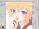  1boy :d art_program_in_frame blonde_hair blue_eyes blush commentary_request double-parted_bangs from_side g_hana hair_between_eyes hood hood_down hooded_jacket jacket kagamine_len korean_commentary long_sleeves looking_at_viewer male_focus medium_hair nail_polish open_mouth painttool_sai_(medium) screenshot sidelocks sleeves_past_wrists smile solo upper_body vocaloid white_jacket yellow_nails 