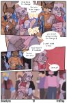 absurd_res ageplay anthro beverage bewskyss blue_clothing blue_eyes clothed clothing comic costume dialogue diaper english_text hi_res infantilism jacket male mascot multicolored_diaper onesie orange_clothing orange_sweater orange_topwear roleplay scarf sweater text topwear unclean_diaper wearing_diaper
