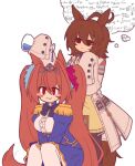  2girls :3 agnes_tachyon_(tach-nology)_(umamusume) agnes_tachyon_(umamusume) ahoge animal_ears blue_bow blue_bowtie blue_dress blush bow bowtie brown_hair coat commentary daiwa_scarlet_(peak_blue)_(umamusume) daiwa_scarlet_(umamusume) dress english_commentary fang flask hair_intakes highres holding holding_flask horse_ears horse_girl horse_tail lab_coat long_hair multiple_girls pipiikki pouring pouring_onto_another red_eyes short_hair simple_background sitting skin_fang speech_bubble sweater_vest tail test_tube thought_bubble tiara twintails umamusume umamusume_horse_relations very_long_hair white_background white_coat yellow_sweater_vest 