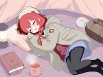  1girl beanie black_pantyhose blue_archive blush book braid brown_hat camping closed_eyes commentary_request crossed_bangs cup grey_hat grey_jacket hair_between_eyes halo hat jacket korean_commentary lamp long_hair long_sleeves lying maki_(blue_archive) maki_(camp)_(blue_archive) malrang_murung mug official_alternate_costume official_alternate_hairstyle on_side open_clothes open_jacket open_mouth pantyhose pillow red_hair red_sweater red_sweater_vest shirt shorts sleeping solo steam sweater sweater_vest tent twin_braids zzz 