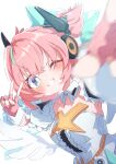  1girl absurdres aria_(human)_(zenless_zone_zero) aria_(zenless_zone_zero) blue_eyes breasts commentary_request fingerless_gloves gloves grin hair_between_eyes halo halo_behind_head highres multicolored_hair nanashi_(nanashi86239) one_eye_closed pink_gloves pink_hair simple_background smile solo streaked_hair sweatdrop v v_over_eye white_background white_wings wings zenless_zone_zero 