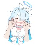  >_< 1girl anger_vein arona_(blue_archive) blue_archive blue_hair blue_halo blue_shirt blush bow_hairband braid caffeinesonsari cheek_pinching cheek_pull choker closed_eyes colored_inner_hair commentary_request disembodied_hand flying_sweatdrops hair_over_one_eye hairband halo hands_on_another's_cheeks hands_on_another's_face highres korean_commentary multicolored_hair neckerchief open_mouth pinching pink_hair pov pov_hands sailor_collar shirt short_hair simple_background single_braid tears white_background white_choker white_hairband white_neckerchief white_sailor_collar 