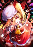  1girl ascot azuma_aya black_shoes blonde_hair bow collared_shirt commentary crystal crystal_wings fangs flandre_scarlet frilled_shirt_collar frilled_skirt frills hat hat_bow highres laevatein_(touhou) looking_at_viewer mary_janes mob_cap multicolored_wings one_side_up open_mouth reaching reaching_towards_viewer red_bow red_eyes red_skirt red_vest shirt shoes skirt skirt_set smile socks solo touhou untranslatable_commentary vest white_hat white_shirt white_socks wings yellow_ascot 