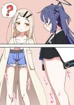  2girls ? black_halo black_skirt blonde_hair blue_archive blue_pants blush collarbone commentary_request crossover from_side gakuen_idolmaster h14_drawing hair_ornament hairclip halo highres idolmaster jacket knees long_hair looking_at_another looking_down looking_to_the_side multiple_girls open_mouth orange_eyes pants parted_lips purple_eyes purple_hair shinosawa_hiro short_twintails shorts size_comparison skirt spoken_question_mark standing sweatdrop thick_thighs thigh_focus thighs translation_request twintails yuuka_(blue_archive) 
