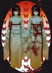  2girls absurdres arms_at_sides black_border black_eyes black_hair blood blood_on_clothes blunt_bangs bob_cut border bug butterfly butterfly_background camellia closed_mouth commentary fatal_frame fatal_frame_ii:_crimson_butterfly flower full_body gradient_background highres holding_hands japanese_clothes kimono kurosawa_sae kurosawa_yae long_sleeves looking_at_viewer multiple_girls no_shoes obi outside_border oval_border parted_lips red_background red_butterfly red_flower right-over-left_kimono rope sash shimenawa short_hair siblings side-by-side sisters sosei standing strangulation_mark tabi twins two-tone_background white_background white_kimono wide_sleeves 