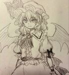  1girl ascot bat_wings brooch closed_mouth commentary_request hat hat_ribbon highres jewelry looking_at_viewer mitsu~ mob_cap puffy_short_sleeves puffy_sleeves remilia_scarlet ribbon shirt short_sleeves sketch skirt sleeve_bow smile solo touhou traditional_media wings wrist_cuffs 