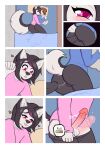 2026 absurd_res anthro backsack balls bed bed_sheet bedding black_hair blanket blep blue_clothing blue_shirt blue_topwear blush bodily_fluids bottomwear bottomwear_down brown_hair butt butt_focus canid canine canis clothed clothing colored comic digital_media_(artwork) domestic_dog duo english_description english_text erection fur furniture genital_fluids genitals hair heart_symbol hi_res highlights_(coloring) husky leggings legwear lying male male/male mammal nordic_sled_dog orgasm_meter pants pants_down partially_clothed penis pillow pink_clothing pink_eyes pink_shirt pink_topwear plushie pointy_ears portrait precum precum_bead precum_string rabbit_plushie sammi_(woofyrainshadow) sex shaded shirt siberian_husky simple_background sleep_sex sleeping snaggle_tooth spitz tail text tongue tongue_out topwear woofy_(woofyrainshadow) woofyrainshadow