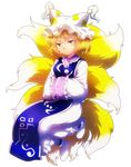  bad_id bad_pixiv_id blonde_hair fox_tail frills hands_in_opposite_sleeves hat multiple_tails onyuuuu pillow_hat short_hair simple_background solo tabard tail touhou white_background yakumo_ran yellow_eyes 