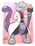 anthro barcode clothing coat duo eyewear generation_1_pokemon generation_2_pokemon giovanni_(pokemon) glare glasses glistening glistening_body hi_res lab_coat latex legendary_pokemon long_tail male mewtwo neutral_expression nintendo pokemon pokemon_(species) simple_background soul-silver-dragon staff story story_in_description tail team_rocket team_rubber_rocket togepi toony topwear