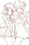  1boy 1girl :d antenna_hair apron ascot back_bow blush bow bowtie closed_eyes clothes_pull collared_shirt commentary_request crossdressing crossdressing_(mtf) embarrassed enmaided frilled_apron frilled_skirt frills frown g_hana greyscale hair_between_eyes hair_ornament hairclip highres kagamine_len kagamine_rin korean_commentary looking_at_viewer maid maid_apron maid_headdress male_maid monochrome parallel_hairclips parted_bangs ponytail shirt short_hair short_ponytail short_sleeves sidelocks simple_background sketch skirt smile sparkle sweat thighs trap vocaloid 