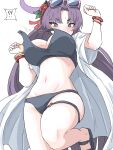  !? 1girl bikini black_bikini blue_archive bracelet breasts commentary_request eyewear_on_head halo hands_up highres jewelry large_breasts long_hair looking_at_viewer navel o-ring official_alternate_costume purple_eyes purple_hair simple_background solo spoken_interrobang stomach sunglasses swimsuit tachikaze_miyako wardrobe_malfunction white_background yukari_(blue_archive) yukari_(swimsuit)_(blue_archive) 