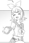  1girl :d absurdres bow bowtie closed_eyes collarbone commentary_request cowboy_shot cropped_shirt detached_sleeves facing_viewer fang fortissimo g_hana greyscale hair_bow hair_ornament hairclip headphones highres kagamine_rin kagamine_rin_(vocaloid4) korean_commentary medium_hair midriff monochrome navel open_mouth parallel_hairclips parted_bangs sailor_collar shirt sidelocks skirt sleeveless sleeveless_shirt smile solo speech_bubble v4x vocaloid 