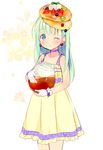  aqua_eyes blueberry carrying choker collarbone dress food food_on_head fruit green_hair hair_ornament long_hair looking_at_viewer object_on_head one_eye_closed original pancake piyodera_mucha solo strawberry syrup yellow_dress 
