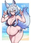  1girl absurdres animal_ear_fluff animal_ears artist_logo beach bikini black_bikini blue_bikini blue_hair breasts cleavage cowboy_shot day fingernails fluffy_tail fox_ears fox_girl fox_shadow_puppet fox_tail hair_between_eyes highres large_breasts leaning_forward logo long_fingernails looking_at_viewer medium_hair multicolored_bikini navel ocean original outdoors parted_lips pregnant rotomdocs sand side-tie_bikini_bottom smile solo swimsuit tail thigh_gap two-tone_bikini water 