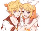  1boy 1girl :d antenna_hair arm_tattoo bass_clef black_sailor_collar blonde_hair blue_eyes blush bow bow_hairband bowtie collarbone commentary_request double-parted_bangs g_hana grey_sailor_collar hair_between_eyes hair_ornament hairband hairclip hug hug_from_side kagamine_len kagamine_rin korean_commentary looking_at_viewer medium_hair nail_polish necktie number_tattoo open_mouth parallel_hairclips parted_bangs ponytail sailor_collar shirt short_hair short_ponytail short_sleeves sidelocks signature simple_background smile tattoo teeth upper_body upper_teeth_only vocaloid white_background white_bow white_hairband white_shirt yellow_bow yellow_bowtie yellow_nails yellow_necktie 