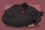 2024 3_toes 4_fingers anthro avian avian_feet balloonedbird beak belly big_belly bird black_beak black_body copyright_symbol corvid corvus_(genus) crow deep_navel dessert doughnut feathers feet fingers food head_tuft hi_res huge_belly hyper hyper_belly immobile male moobs morbidly_obese morbidly_obese_anthro morbidly_obese_male navel nipples non-mammal_nipples obese obese_anthro obese_male open_beak open_mouth orange_eyes oscine overweight overweight_anthro overweight_male passerine pastry pink_nipples pink_tongue red_background shaded simple_background sitting solo symbol tail tail_feathers toes tongue tuba_(balloonedbird) tuft